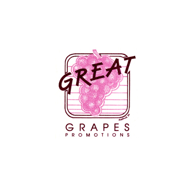 Great Grapes Promotions logo with a pink stylized grape bunch and bold lettering, highlighting a dynamic and creative brand identity.
