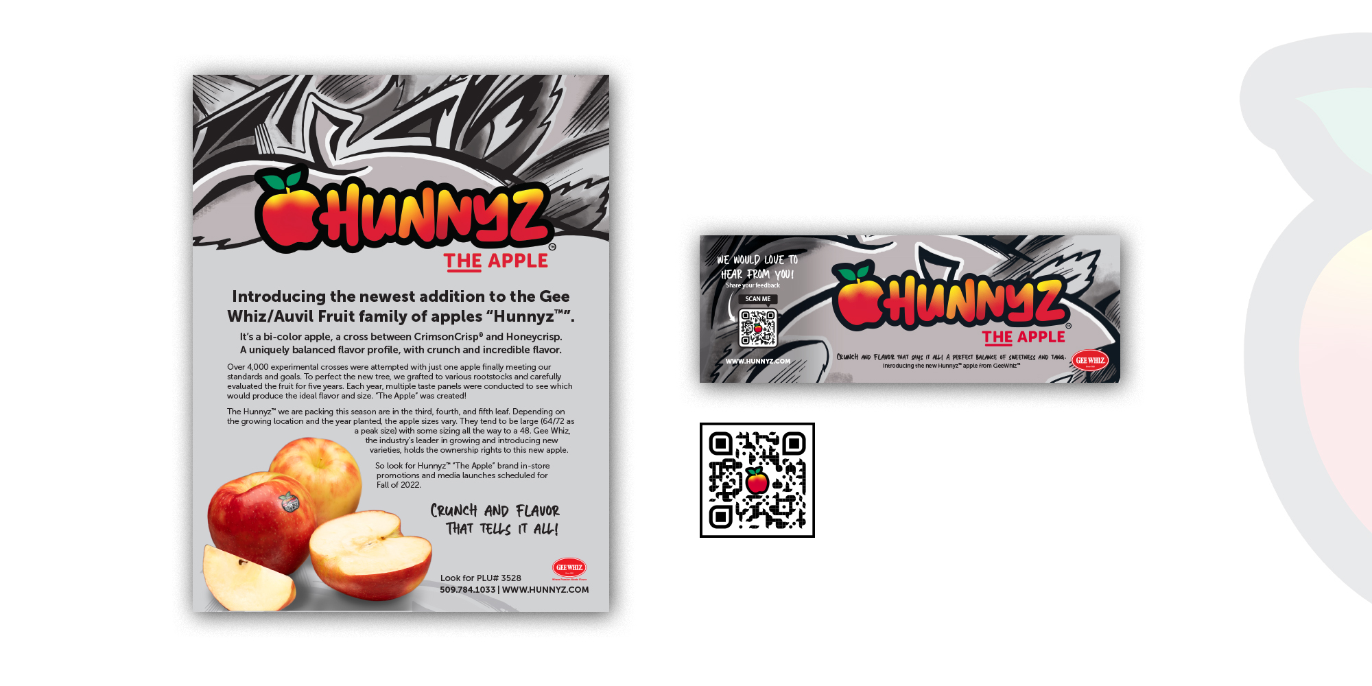 Flyer and card for Hunnyz apples.