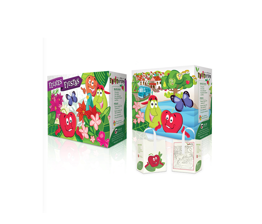 Fruitrition holiday edition packaging with colorful cartoon characters of an apple, pear, and orange, promoting healthy eating and holiday celebrations for children.