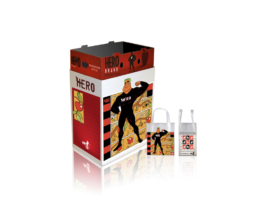 Superhero-themed apple packaging by Hero Brand featuring a strong superhero figure in comic-style illustrations, designed to encourage kids to eat apples. Includes matching eco-friendly bags.