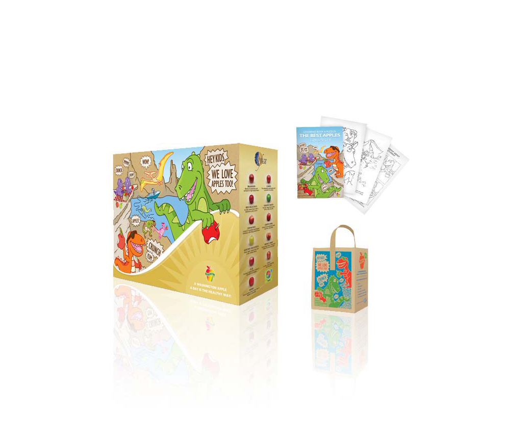 Dinosaur-themed apple packaging by Fruitrition with playful illustrations, coloring books, and eco-friendly bags designed to encourage kids to eat apples.