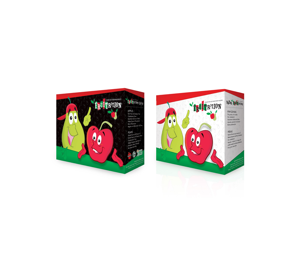 Fruitrition packaging with cartoon apple and pear characters, promoting healthy eating for children with nutritional information.