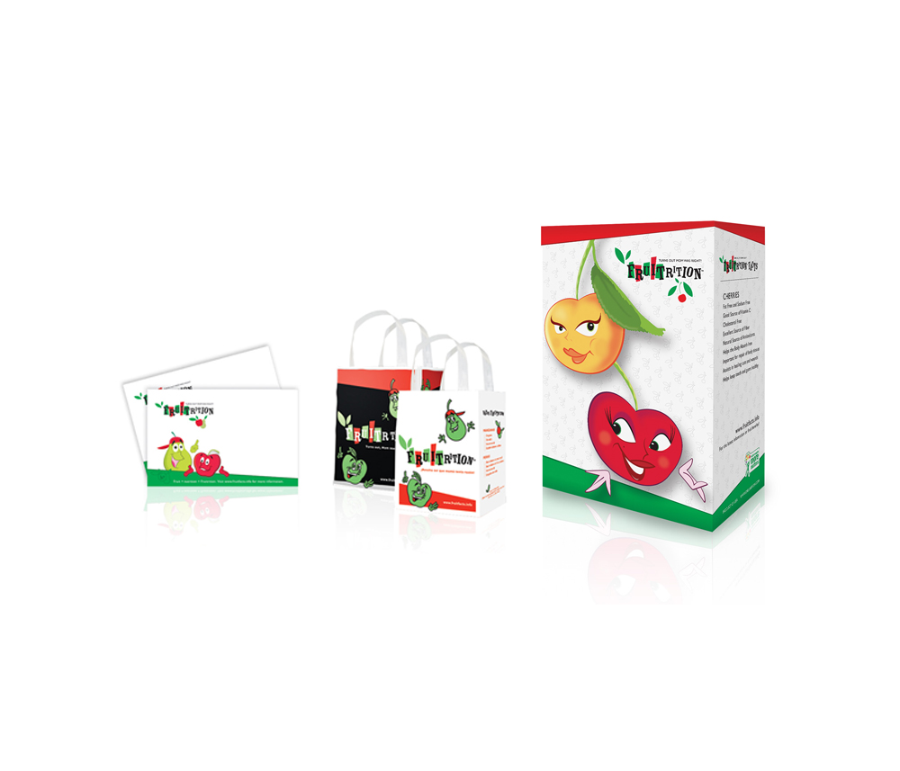 Fruitrition Children's Program packaging with cherry and apple cartoon characters promoting healthy fruit consumption among kids, along with tote bags and educational material. Blind Renaissance is located in Wenatchee, Washington.