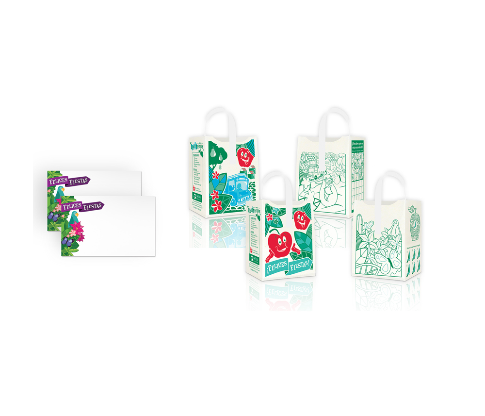 Fruitrition Children's Program holiday-themed packaging with apple and pear characters, featuring fun coloring elements and festive designs for kids to enjoy during the holidays.