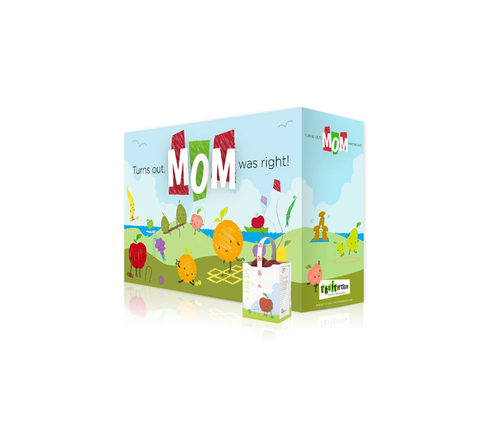 Fruitrition Children's Program packaging with a 'MOM Was Right' theme, displaying playful fruit characters and bright, child-friendly designs to encourage healthy eating.