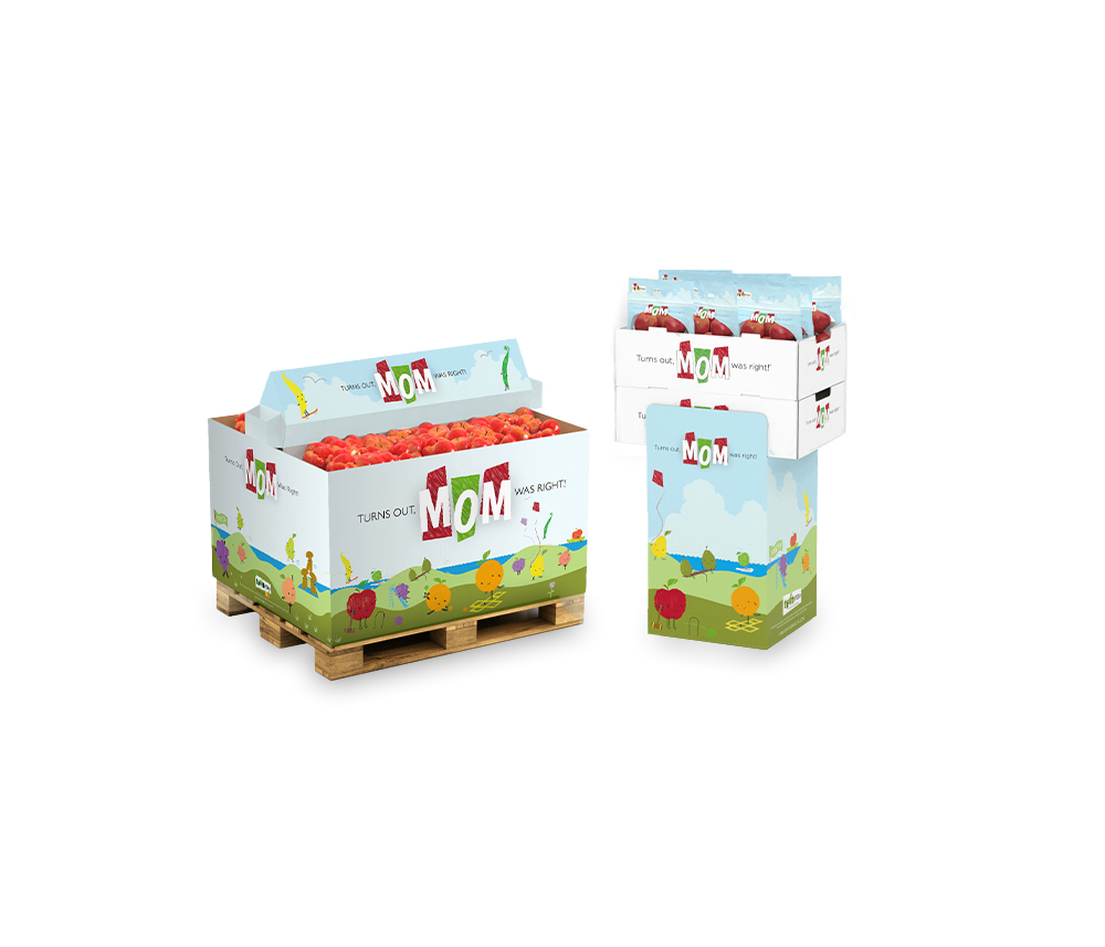 Fruitrition 'MOM Was Right' themed display packaging on pallets and stackable cartons, featuring playful fruit characters encouraging healthy eating habits in kids.