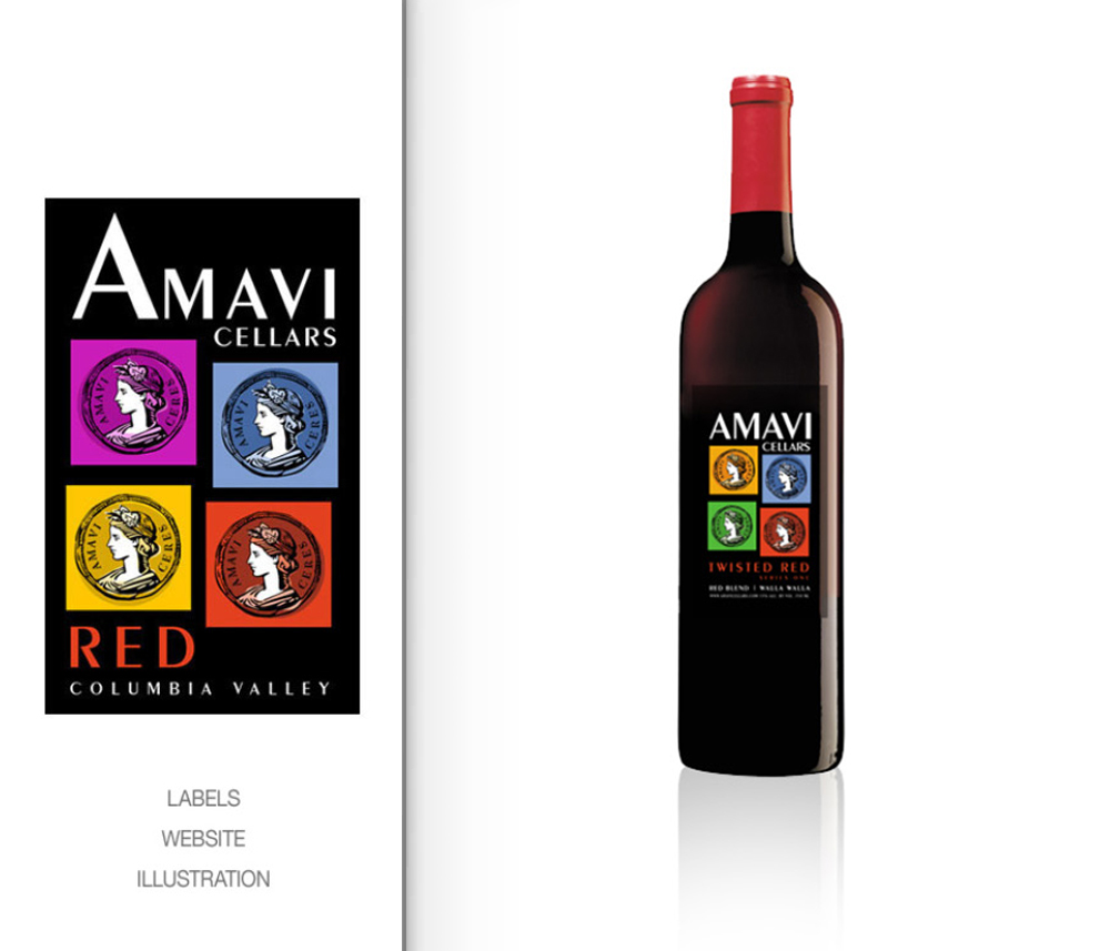Amavi Cellars Twisted Red wine bottle with a colorful label featuring pop art-style medallions in various colors, showcasing the winery's vibrant and creative branding. Blind Renaissance located in Wenatchee, Washington.