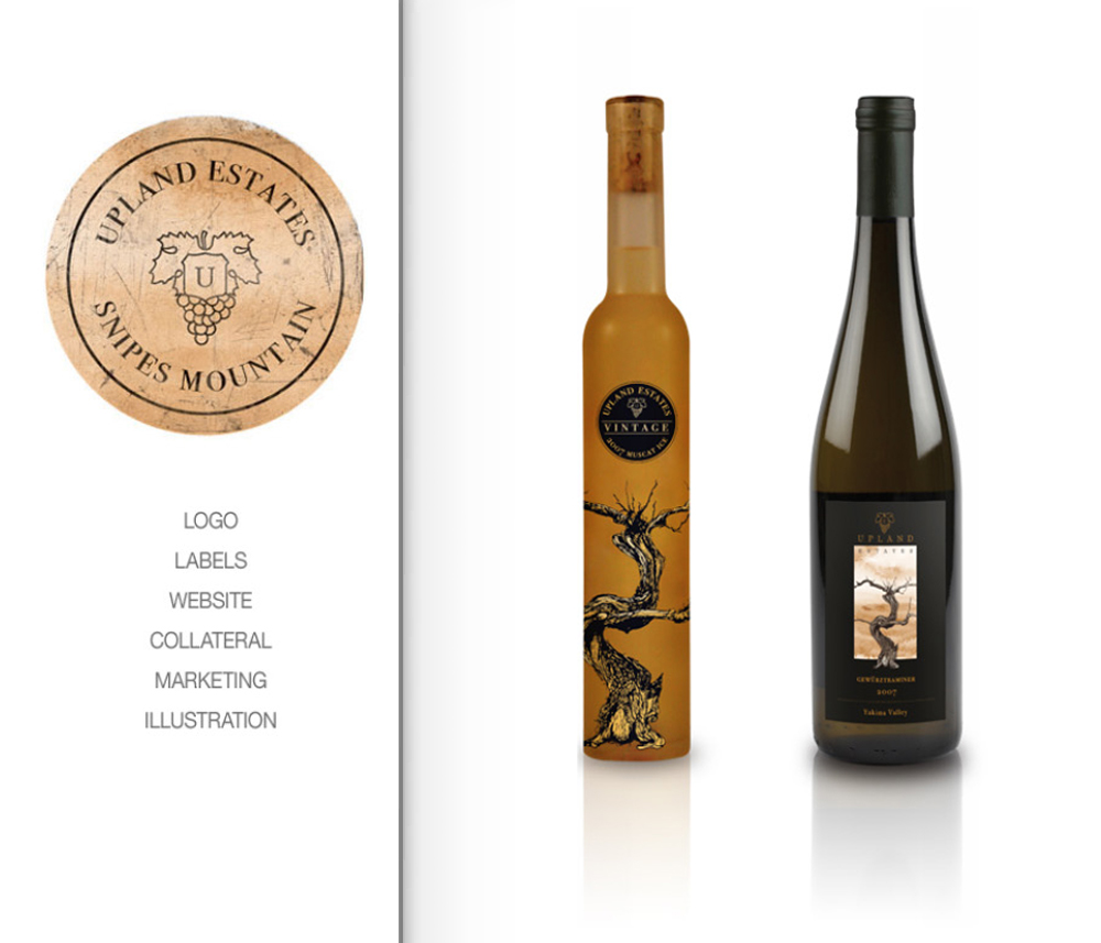 Upland Estates Winery's Vintage Wine bottles, one a golden Gewürztraminer and the other a Syrah, both featuring artistic labels with vineyard-inspired illustrations from Snipes Mountain. Blind Renaissance located in Wenatchee, Washington.