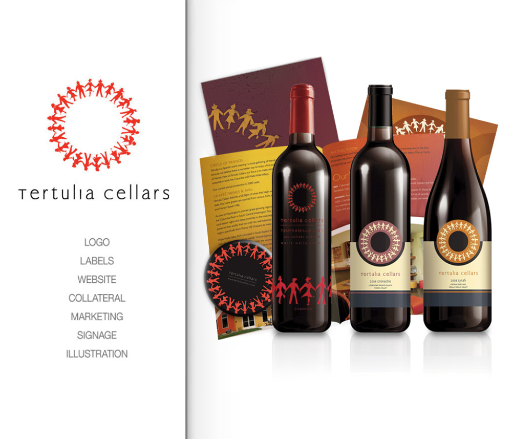 Tertulia Cellars wine collection, including Tempranillo, Grenache, and Syrah bottles, with modern labels featuring a 'circle of friends' logo, emphasizing community and craftsmanship. Blind Renaissance located in Wenatchee, Washington.