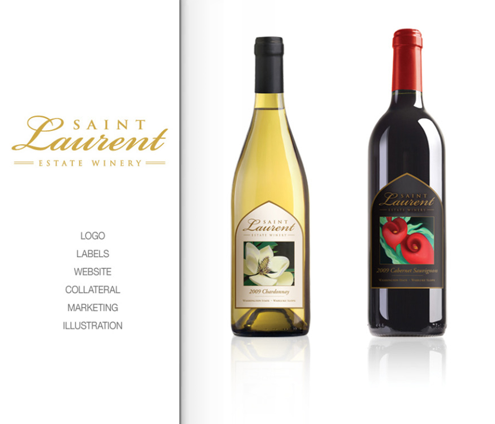 Saint Laurent Estate Winery 2009 Chardonnay and 2009 Cabernet Sauvignon bottles, featuring elegant labels with floral and nature-inspired designs, emphasizing the premium quality of the wines. Blind Renaissance located in Wenatchee, Washington.