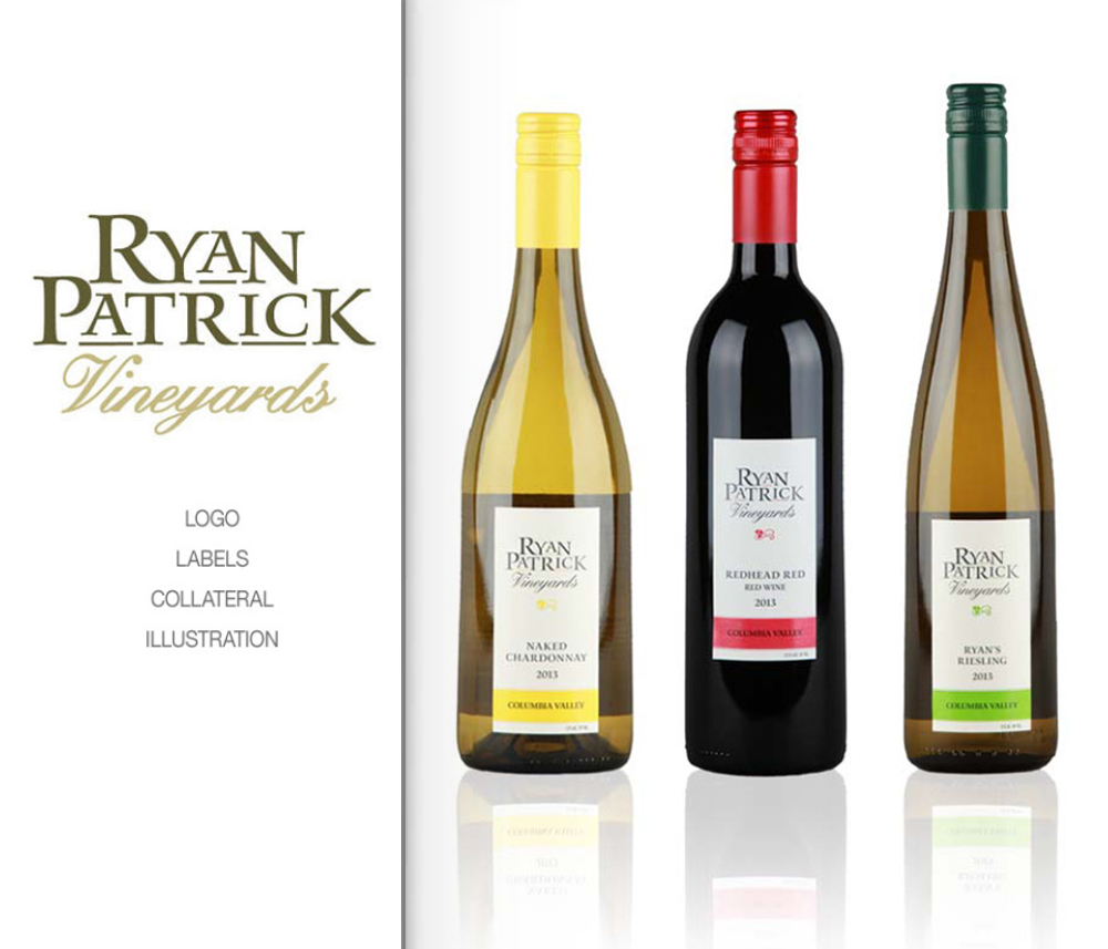 Ryan Patrick Vineyards wine collection with bottles of Naked Chardonnay, Redhead Red, and Ryan's Riesling, showcasing simple and elegant label designs from Columbia Valley. Blind Renaissance located in Wenatchee, Washington.