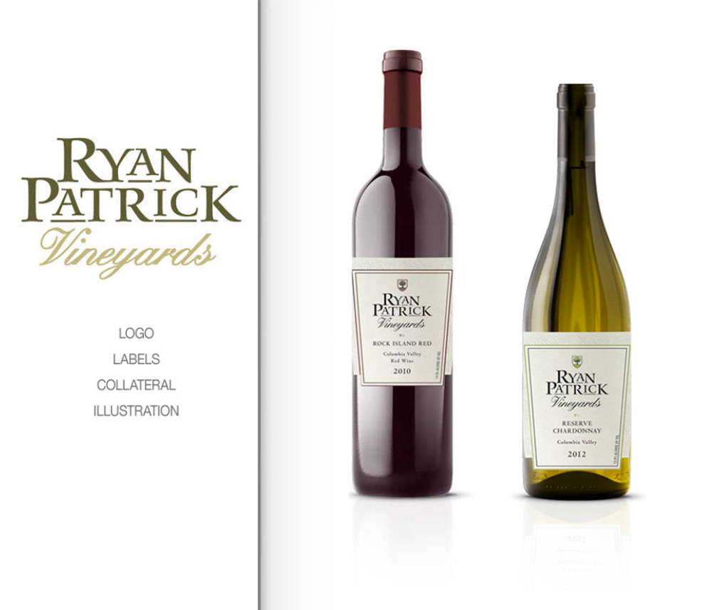 Ryan Patrick Vineyards wine collection featuring Rock Island Red and Reserve Chardonnay, with elegant label designs emphasizing the quality and heritage of Columbia Valley wines. Blind Renaissance located in Wenatchee, Washington.