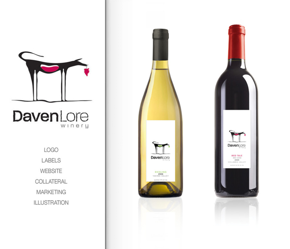 DavenLore Winery wine collection featuring a Riesling and Red Tale, each with minimalist labels and an artistic logo of a red-tailed animal. Blind Renaissance located in Wenatchee, Washington.