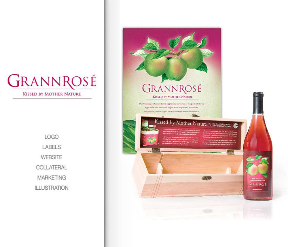 GrannRosé wine bottle with a green apple label, packaged in a wooden gift box. The design highlights the natural, fresh qualities of the wine with the slogan 'Kissed by Mother Nature. Blind Renaissance located in Wenatchee, Washington.