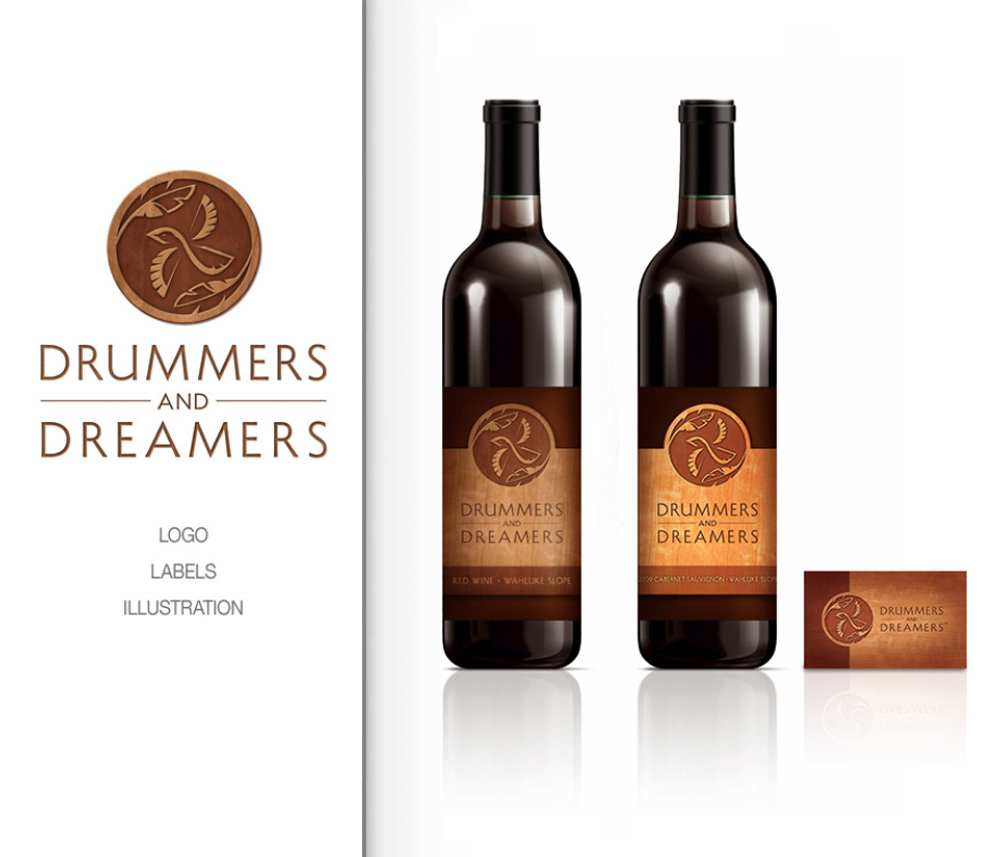 Drummers and Dreamers wine bottles with rustic label designs, including red wine and Cabernet Sauvignon from Wahluke Slope, showcasing earthy tones and a nature-inspired logo. Blind Renaissance located in Wenatchee, Washington.