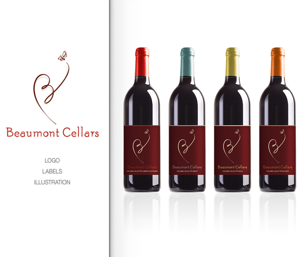 Beaumont Cellars wine bottles with minimalist labels featuring Cabernet Sauvignon, Merlot, Syrah, and Red Blend, showcasing elegant and simple design elements. Blind Renaissance located in Wenatchee, Washington.