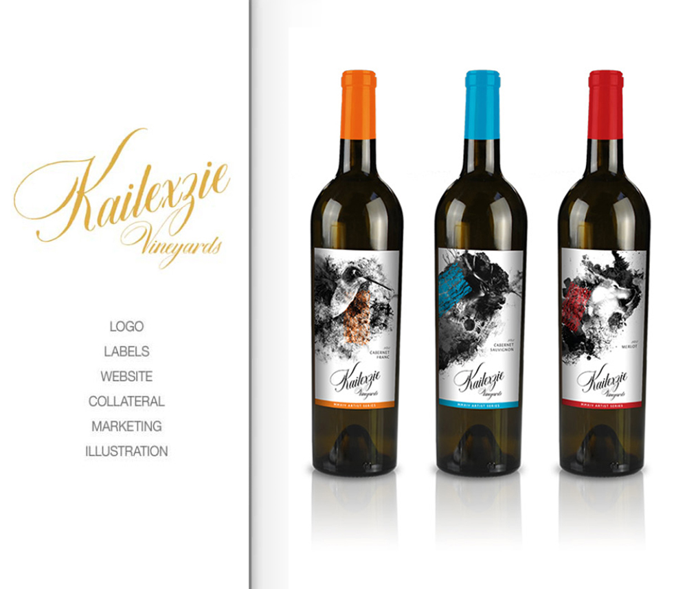 Kailexzie Vineyards wine collection with Cabernet Franc, Cabernet Sauvignon, and Merlot bottles, featuring vibrant and artistic labels with colorful caps. Blind Renaissance located in Wenatchee, Washington.