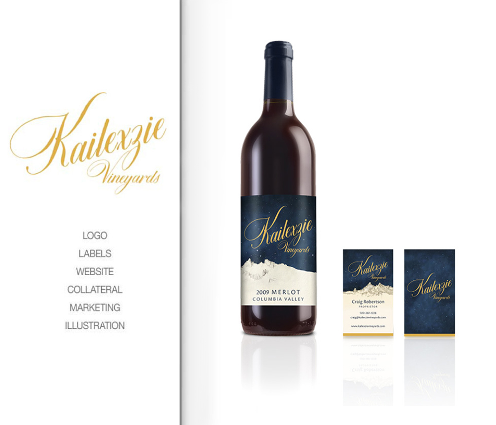 Kailexzie Vineyards 2009 Merlot wine bottle with a luxurious label featuring golden script and a scenic mountain design, representing high-quality wine from Columbia Valley.