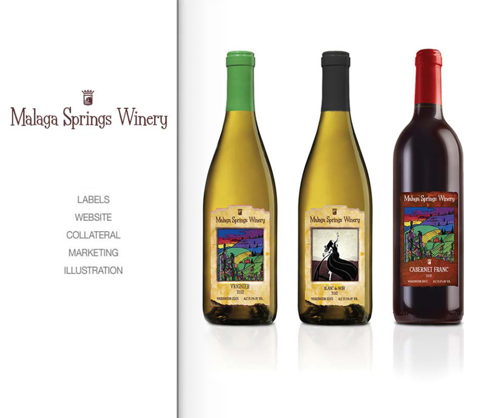 Three wine bottles from Malaga Springs Winery, including Viognier, Blanc de Noir, and Cabernet Franc, with colorful and artistic labels reflecting the winery's premium quality wines.