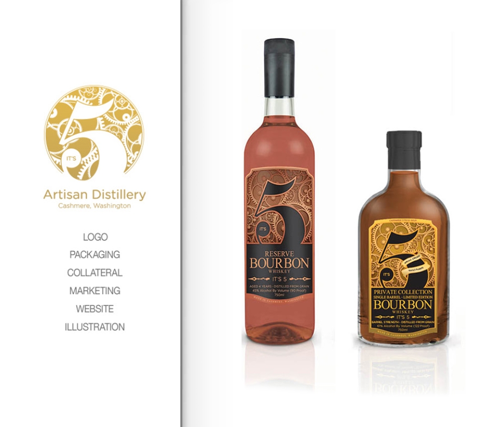 Artisan Distillery's It's 5 Bourbon collection, including Reserve Bourbon Whiskey and Private Collection Single Barrel, with gold, intricate labels showcasing premium craftsmanship. Blind Renaissance located in Wenatchee, Washington.