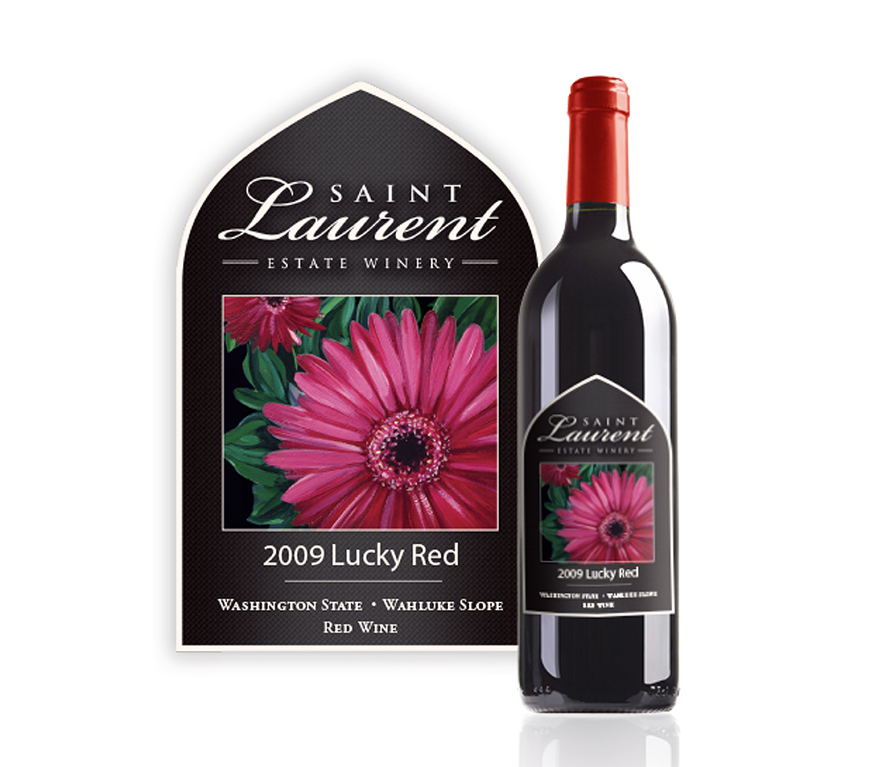 Saint Laurent Estate Winery 2009 Lucky Red wine bottle, featuring a label with a vibrant pink flower, showcasing the bold design and premium quality of this red wine from Wahluke Slope, Washington State. Blind Renaissance located in Wenatchee, Washington.
