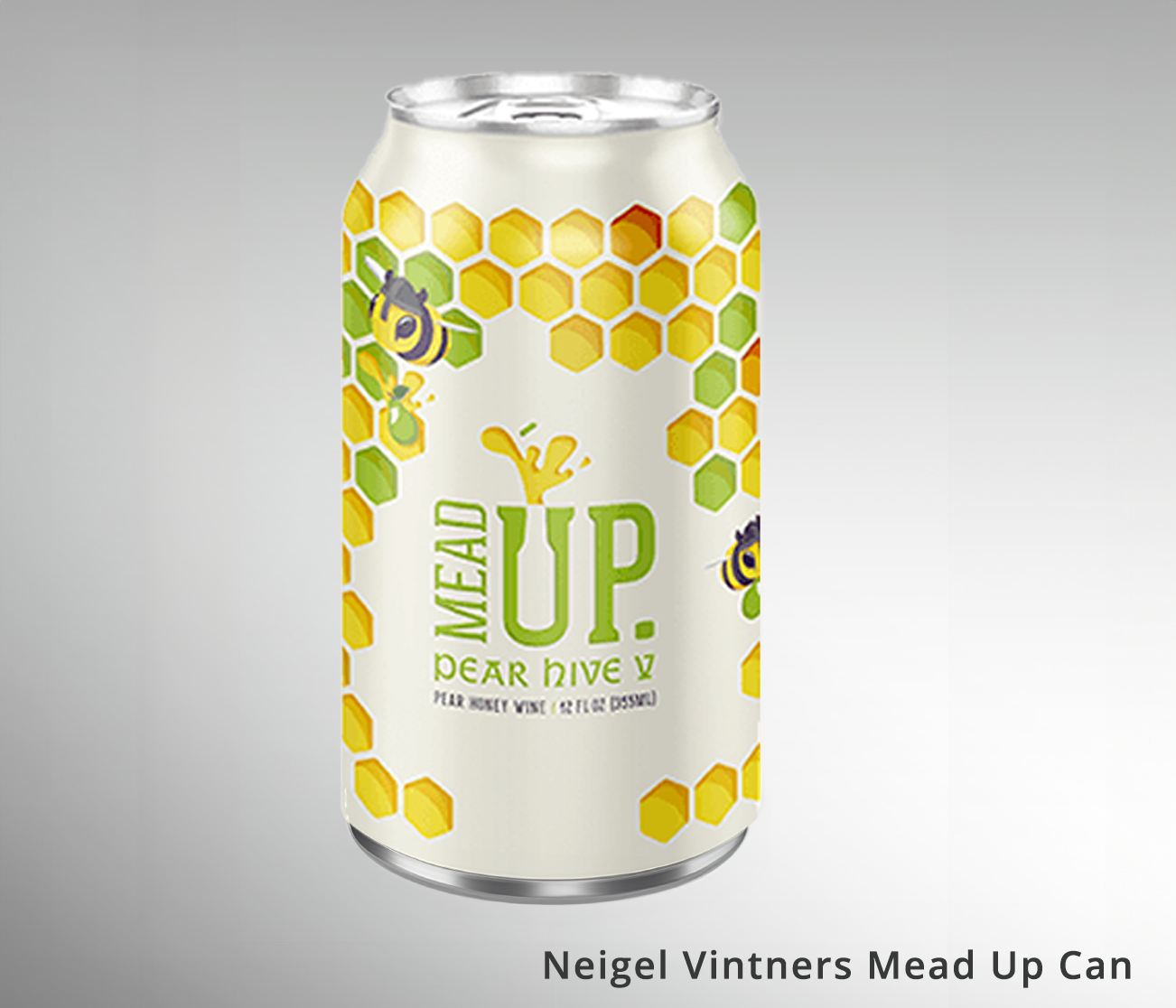 Neigel Vintners Mead Up Pear Hive V hard pear cider can, featuring honeycomb and bee graphics with a splash logo, highlighting the pear honey wine blend.