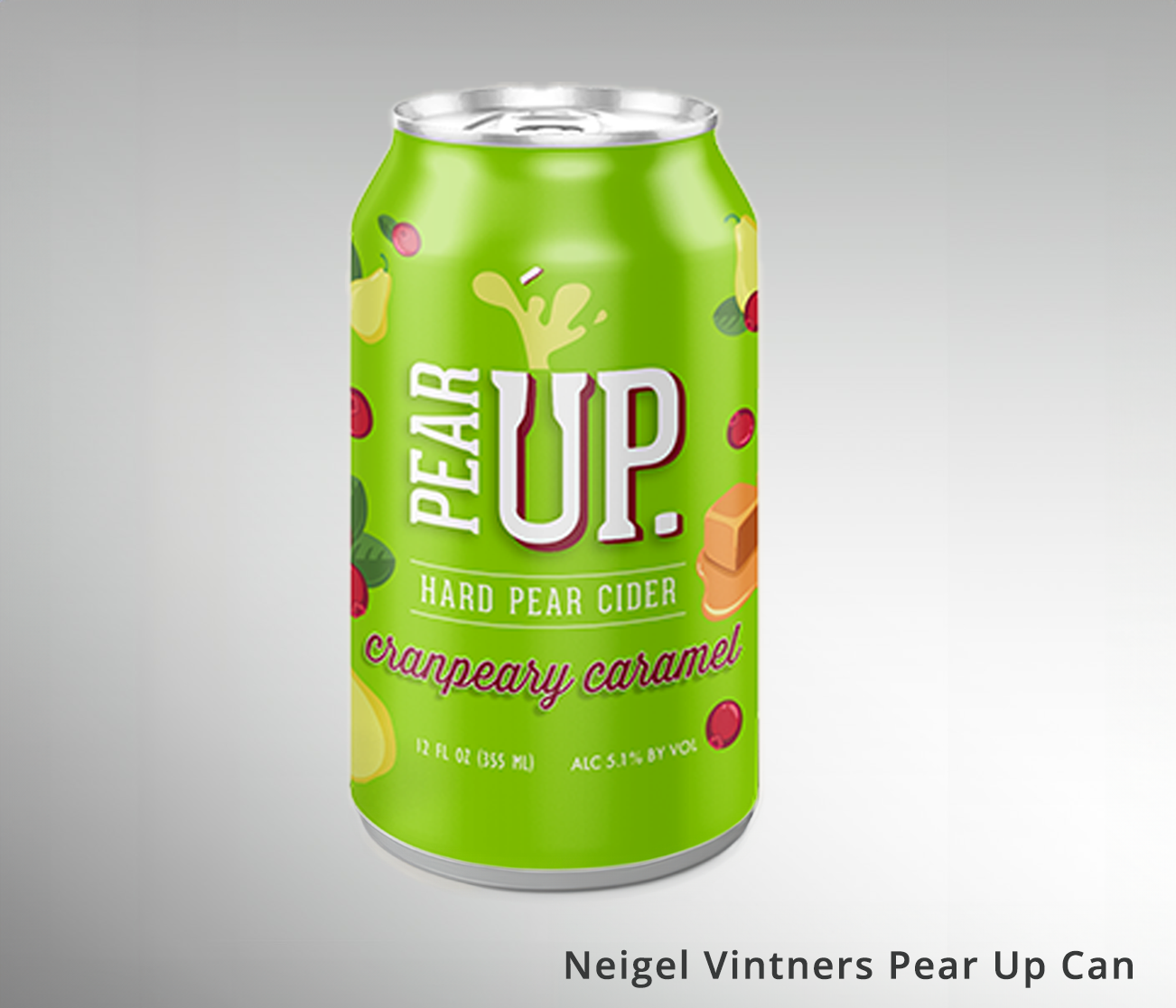 Neigel Vintners Pear Up Cranpeary Caramel Hard Pear Cider can, featuring a bright green design with illustrations of pears, cranberries, and caramel cubes. Blind Renaissance located in Wenatchee, Washington.