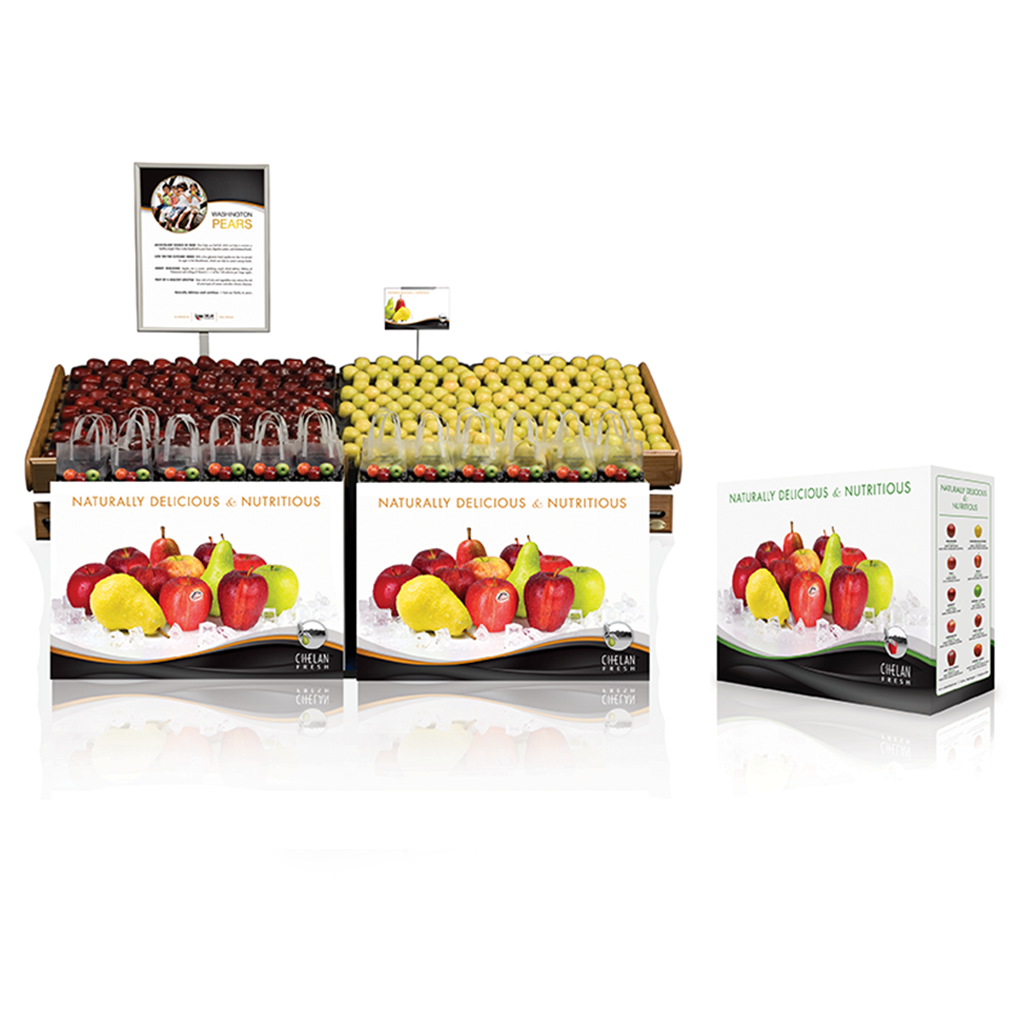 Chelan Fresh display of apples and pears, showcasing a variety of fresh, naturally delicious, and nutritious fruits in eco-friendly packaging with vibrant visuals.