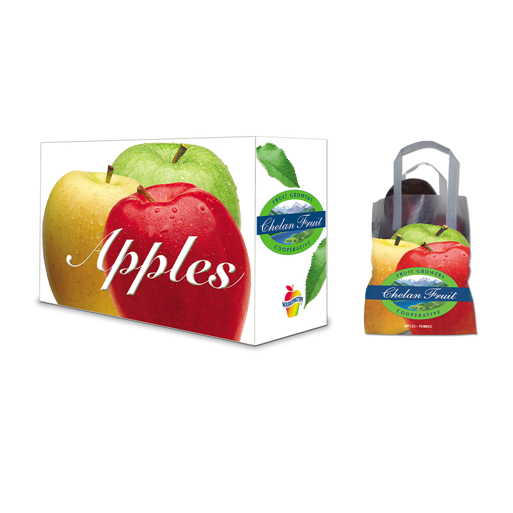Chelan Fruit Cooperative packaging with colorful images of red, green, and yellow apples, alongside a branded carry bag showcasing fresh and premium quality apples.