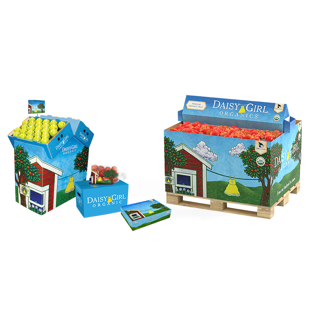 Colorful Daisy Girl Organic fruit packaging featuring apples in bright eco-friendly boxes and pallet displays, highlighting natural and organic branding.