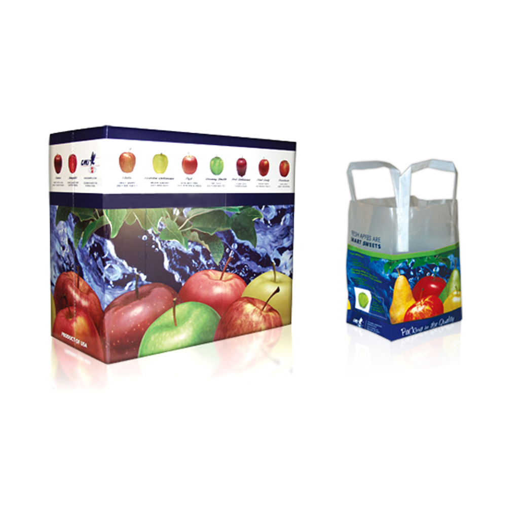 Fresh apples and pears packaging with a water-themed design, showcasing multiple apple varieties on the box and a tote bag for easy transport, highlighting the fruit's freshness and quality.