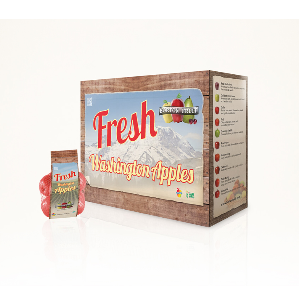 Borton Fruit - Fresh Washington Apples packaging with a rustic wood design, showcasing a large box and netted bag of apples, emphasizing the freshness and premium quality of Washington apples.