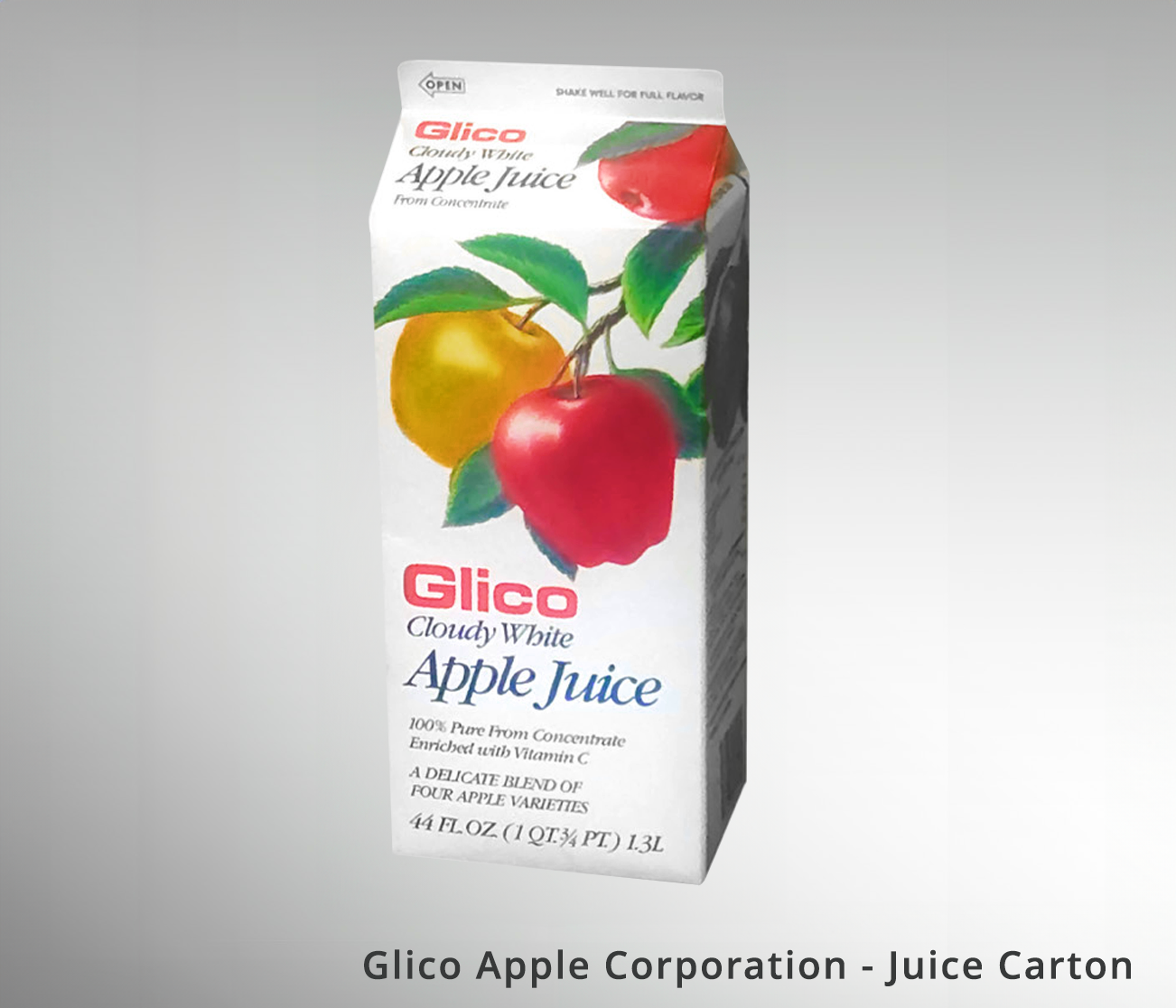 Glico Apple Corporation juice carton with colorful apples, showcasing 100% pure apple juice from concentrate, enriched with Vitamin C. Blind Renaissance located in Wenatchee, Washington.