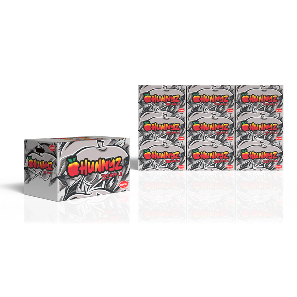 Hunnyz apple packaging with a dynamic street art style design in black, white, and bright colors, showcasing fresh apples in eye-catching boxes for a modern, youthful appeal.