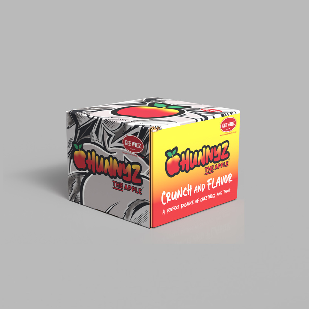 Hunnyz apple packaging with a dynamic street art design and a vibrant yellow-to-red gradient, highlighting the apple's crunch and flavor with bold, modern branding.