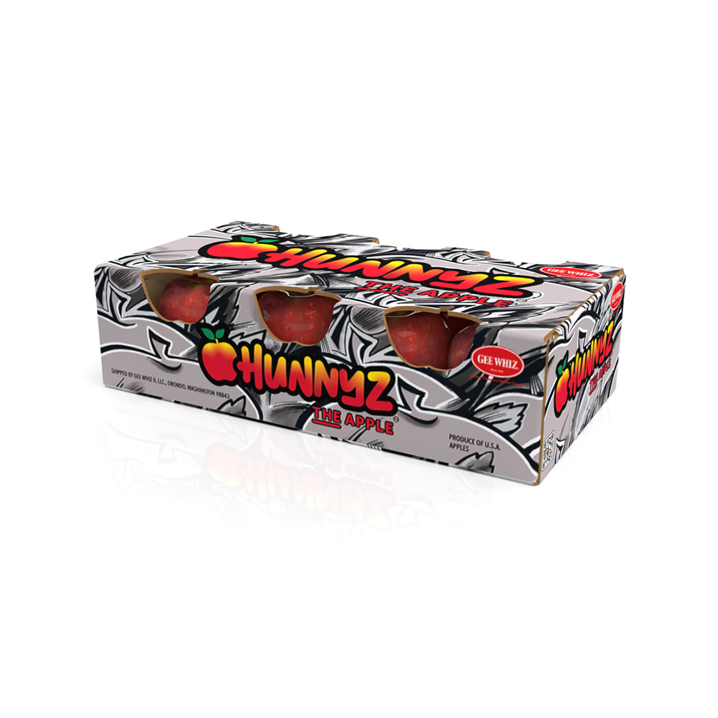 Hunnyz apple packaging featuring a clear window that displays the apples, with a street art style design in bold colors and modern graphics, promoting the freshness of the product.