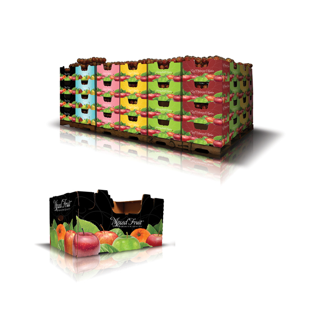 Colorful mixed fruit pallet display with crates of apples and other fruits, featuring vibrant packaging that highlights the freshness and quality of the produce.