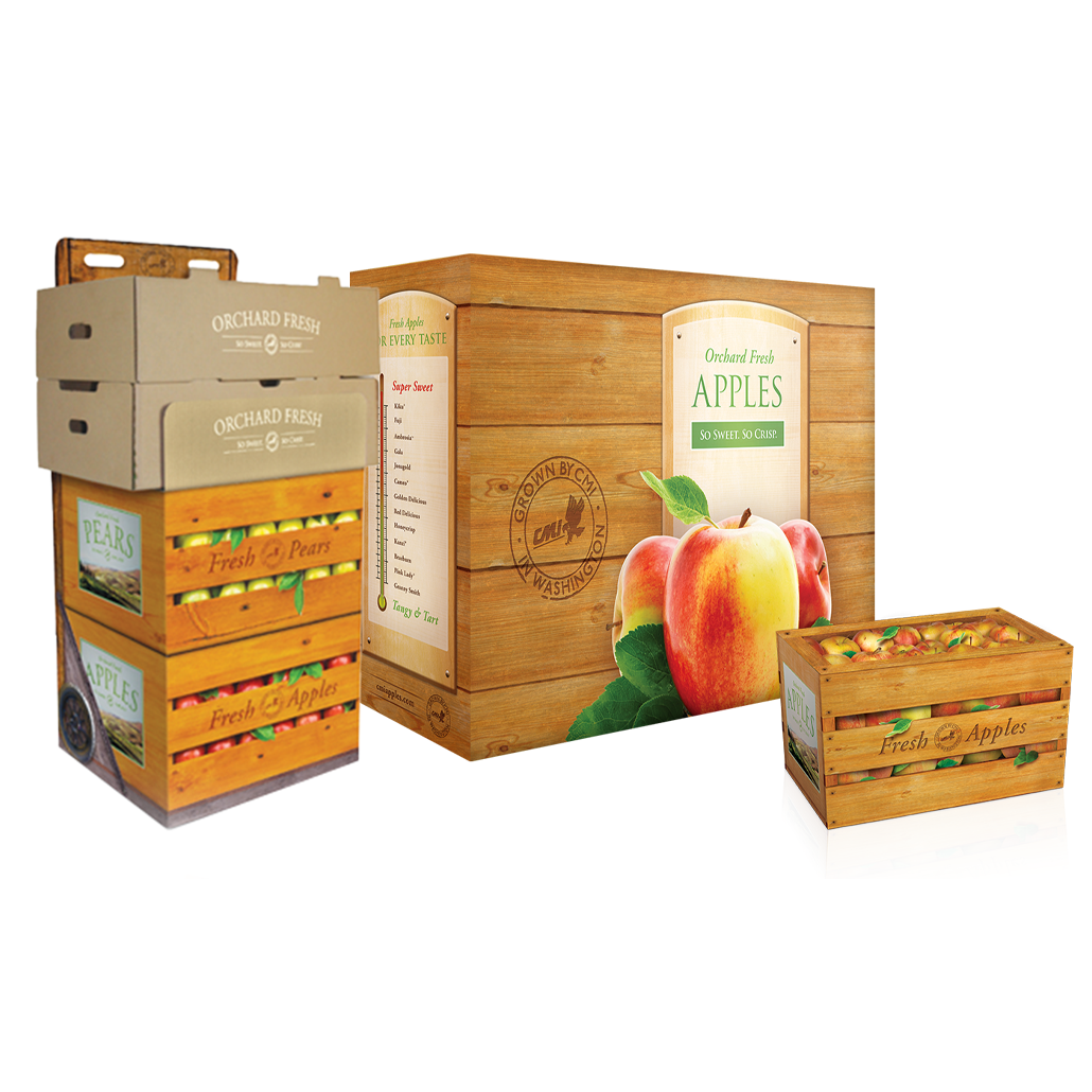 Rustic wooden crate packaging for Orchard Fresh apples and pears, showcasing fresh fruit in eco-friendly, vintage-inspired boxes highlighting the freshness and quality of Washington-grown produce.