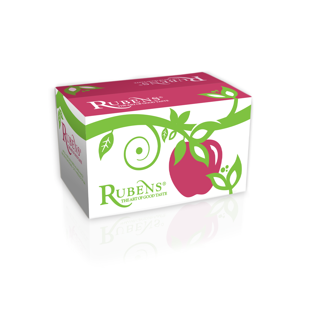 Rubens apple packaging with a colorful, artistic design featuring a red apple and green vine, emphasizing the premium quality and the art of good taste