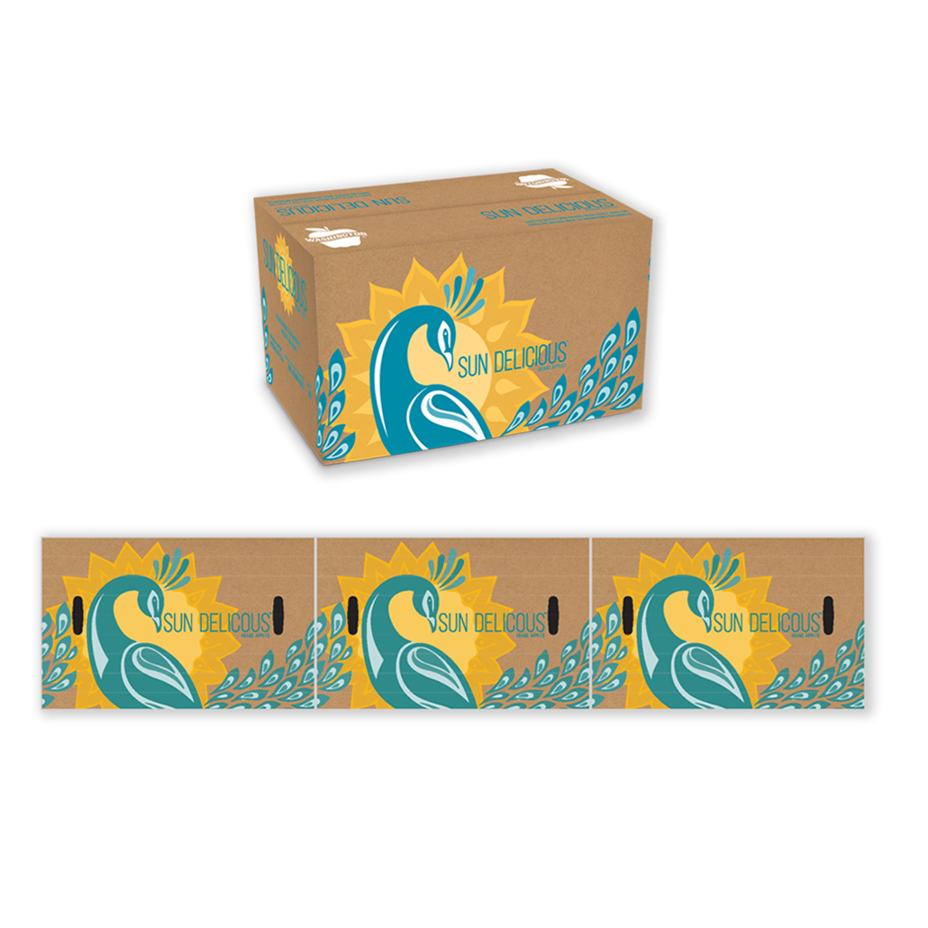 Sun Delicious packaging displaying a colorful peacock illustration against a natural background on eco-friendly cardboard boxes, promoting the brand's focus on freshness and quality.