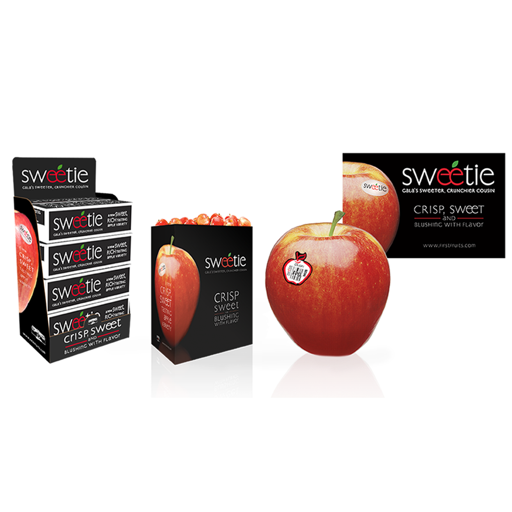 Modern Sweetie Apples packaging featuring bright red apples in stylish black boxes and display stands, highlighting the crisp and sweet qualities of the apples.