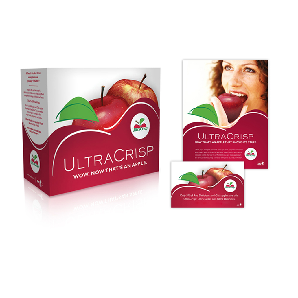 UltraCrisp apple packaging with a bright red design, displaying fresh apples and the slogan 'Wow, Now That's an Apple,' promoting the crisp and delicious quality of the apples.