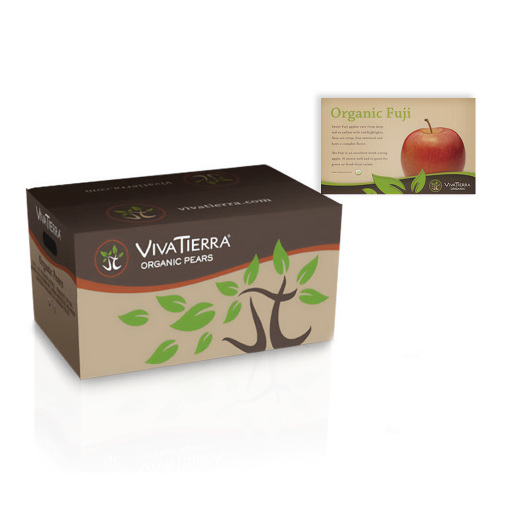 Viva Tierra organic pears packaging with a nature-inspired design and tree logo, alongside a card featuring Organic Fuji apples, promoting organic and sustainable farming practices.