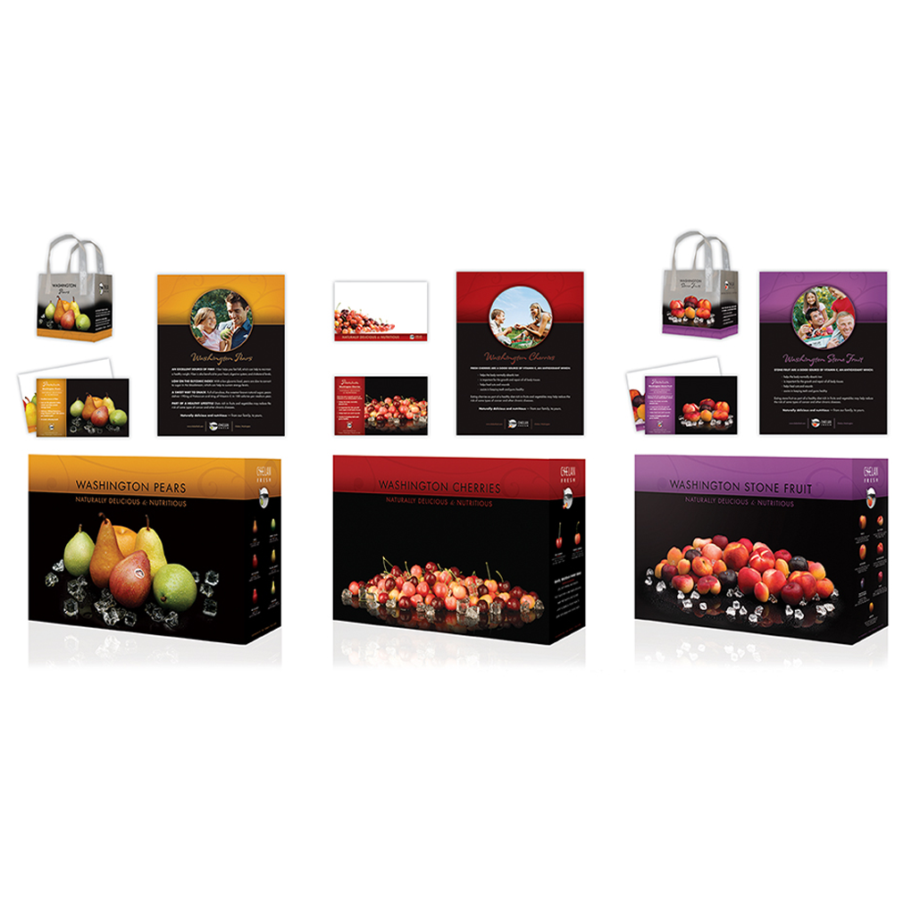 Chelan Fresh fruit packaging showcasing pears, cherries, and stone fruit with stylish, colorful designs. Includes promotional materials and eco-friendly carry bags highlighting the freshness and nutrition of the fruits.