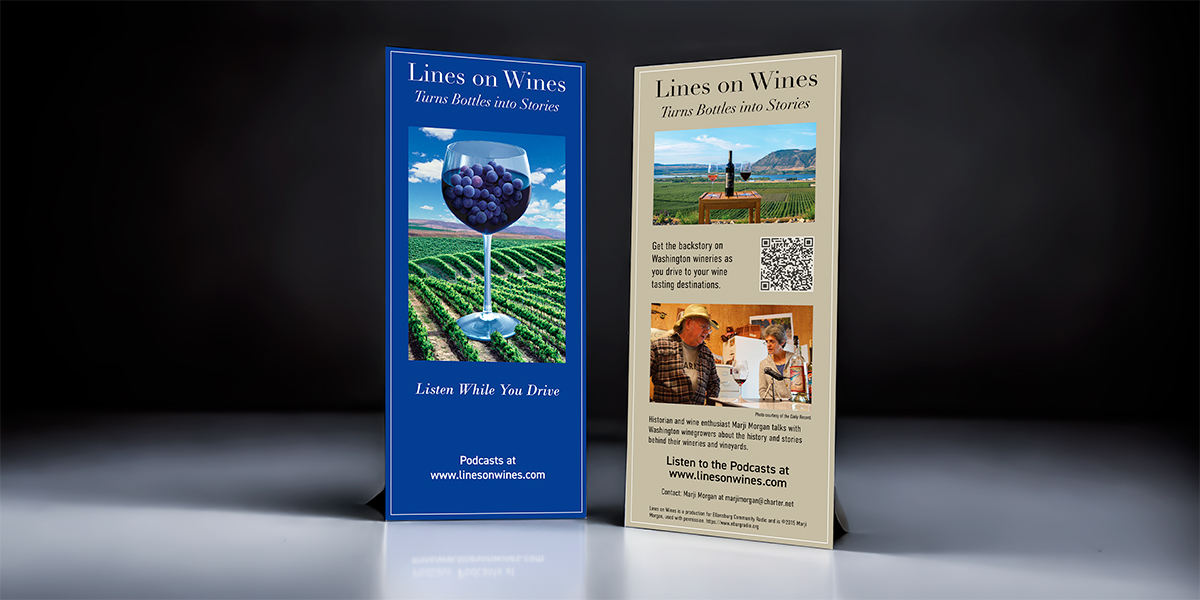 Promotional rack card for Lines on Wines podcast featuring a wine glass filled with grapes over a vineyard image on the front, and podcast details, QR code, and host photos on the back.